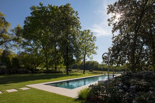 Natürlich wirkender Außenpool in parkähnlicher Gartenlandschaft, umgeben von altem Baumbestand und gepflegtem Rasen.